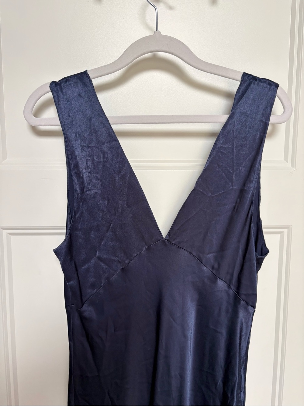 Rails Monique Navy Blue Satin Back Crepe Midi Slip Dress Asymmetrical Hem Sz M - Picture 7 of 16